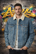 Levis Giacca Denim Adulto Blu Medio Foderata Sherpa Rosso Tab Camionista Pile Uomo🔥