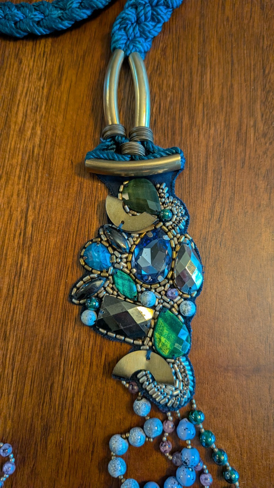 Mixed Materials Artisan Statement Necklace Blue P… - image 3