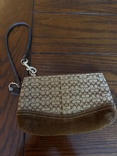 Vintage Coach Small Suede Canvas Wristlet Brown Tan Classic Monogram Jacquard