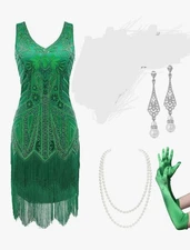 BABEYOND Women’s Flapper Dresses Set 1920s V Neck Beaded Fringed Great Gatsby...