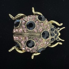 Signed Heidi Daus Rhinestone Ladybug Brooch Pink Black Bronze Tone Bug Pin