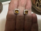 VTG UD 925 Sterling Silver Genuine Cushion Citrine & CZ Halo Stud Earrings EUC