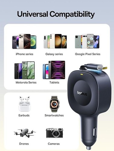 Baseus Ultra-Mini Retractable Car Charger USB C, 60W Fast Charging Car Charger - 第 7/8 張圖片