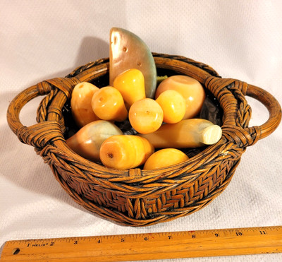 Vintage Italian Alabaster Stone Marble Fruit 8 Pieces & Old Asian Basket