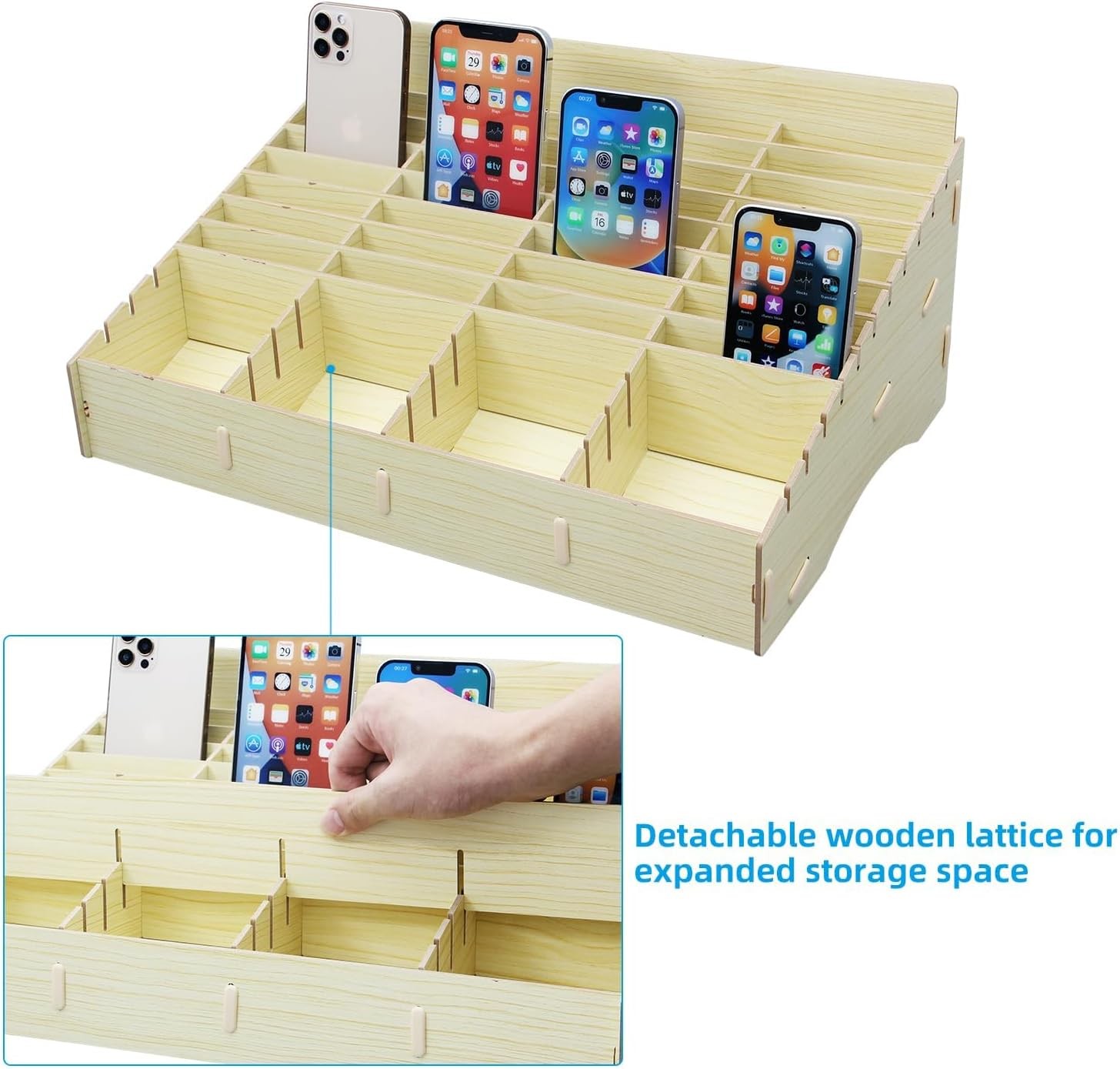 HengTianMei HTM 48 Grid Wooden Cell Phone Holder Desktop Organizer 48, Beige 