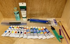Acrylic Paint And Supplies Lot 16 New Tubes -1 Pencils Brushes Compass Charcoal