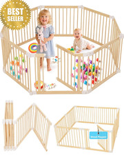 Foldable Wooden Baby Playpen 63"x63" Adjustable 25" Tall Gate for 3  16 Months