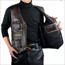 2025 New Men's Waistcoat Hunter Fishing Vest Sleeveless Leather Gilet Jacket