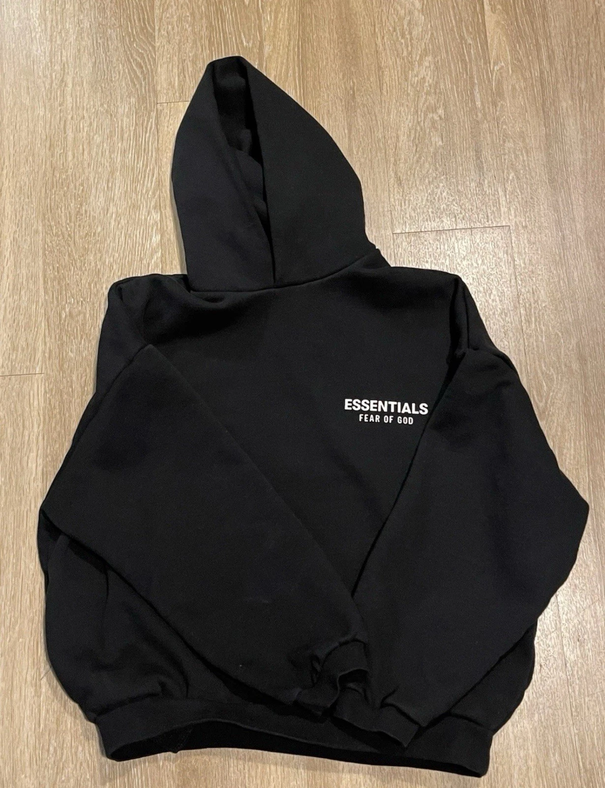 Felpa con cappuccio Fear of God Essentials in pile nera bianca FW24 taglia XS extra small mai indossata