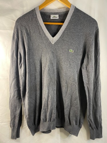 Lacoste Sweater Men’s Large Grey Hem & Cuff Knit V Neck Alligator Logo Pullover - Picture 3 of 12