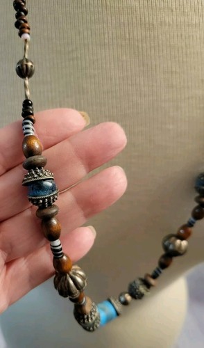 Hand Crafted Beaded Necklace Silvertone Beaded Blue Glass Wooden Brown Beads 30" - Picture 3 of 6