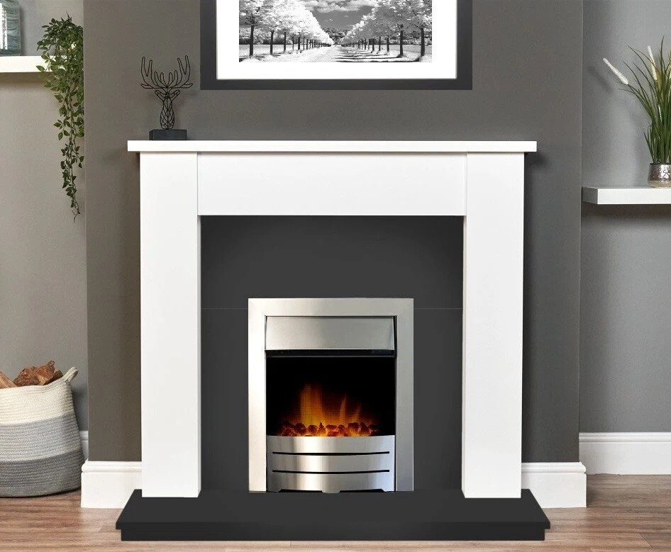 ELECTRIC FIRE WHITE BLACK WOOD FIREPLACE MODERN SURROUND LED SILVER COAL  BNIB | eBay