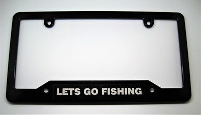 LETS GO FISHING, Billet Aluminum License Plate Frame, Black, BLACK BADGE