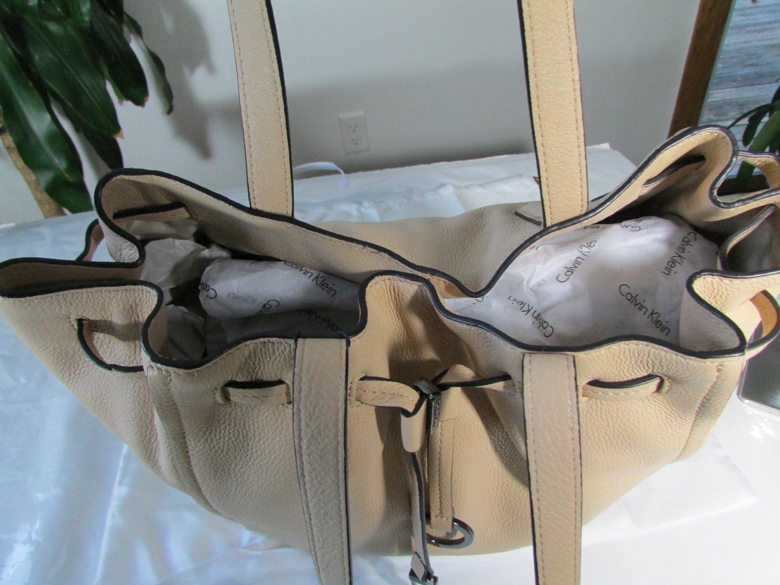 Calvin Klein Satchel Large Drawstring Pebble Leather Tote Rudy 