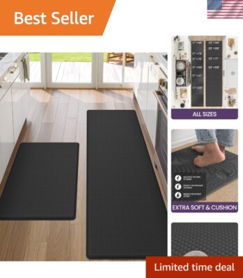 Memory Foam Comfort Mats - Non-Slip Black Kitchen Runner Set of 2, 17x29 + 17x59