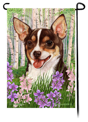 Spring Flowers Garden Flag Shorthaired Brown Tri Chihuahua