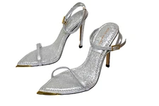 Good American Size 9 GA020L-X On Point Ankle Strap Sandal In Silver Crackle