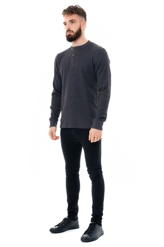 Mens Henley T-Shirt Jumper Top Thermal Grandad Neck Waffle Knit Long Sleeve Work - Picture 4 of 31