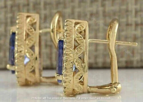 Aretes con halo de tanzanita creados en laboratorio corte pera de 2,30 quilates placa de oro amarillo de 14 quilates Foto 2 de 4