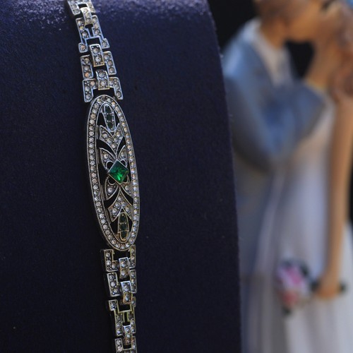 Bracciale Argento Arte Deco Ovale Delicato Pavé Strass Bianco Verde A 1920s QD28 - Foto 4 di 9