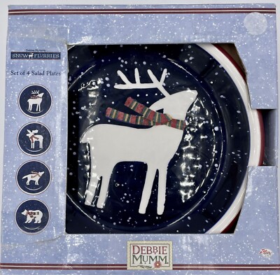 4 Debbie Mumm Snow Flurries 8'' Salad Plates Moose Deer Bear Wolf Christmas New