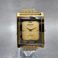Rado Louvre Tank Watch Men 26mm Gold Dial Gold Tone Rectangle 128.9500.9 New Bat