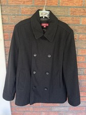 Black Wool Peacoat Large Double Breasted Coat Overcoat Jacket Classic Pockets Bu