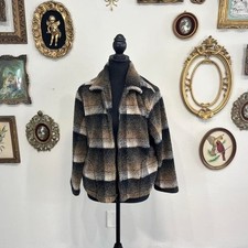 IVY Plaid Sherpa Fleece Zip Up Jacket Size S Brown Black Cream