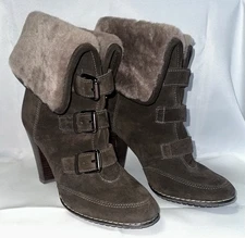 Sofft Skagen Women’s 9M Boots Brown Heeled Leather Buckle Shearling Lamb Fur