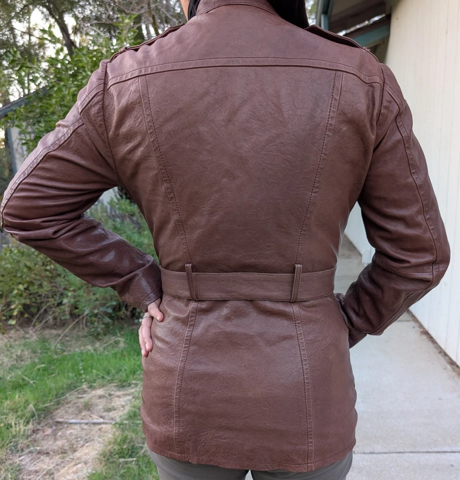 Max Studio Women's Brown Leather Jacket,Size M Belted Nero Collarless Pockets - Image 3 of 4