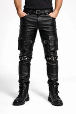 Men s Black Genuine Lambskin Leather Cargo Pants Steampunk Gothic Combat Trouser