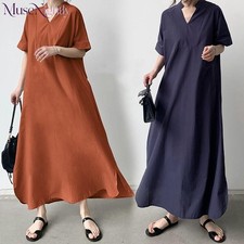 Summer Womens V-Neck Loose Casual A-Line Boho Kaftan Maxi Long Shirt Dress Gown