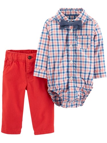 Carters Infant Boys Coral Plaid Flannel Button Up Shirt Bowtie & Jeans Outfit 3M - Picture 1 of 3