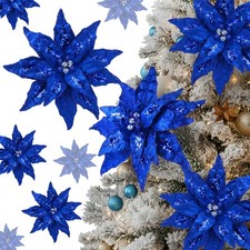 8 Pcs Velvet Christmas Glitter Poinsettia Flowers 12'' Large Heads Artificial...