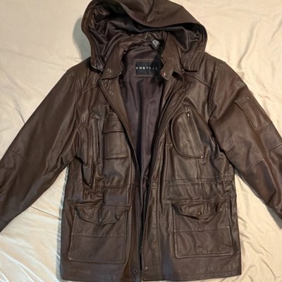 CONTEXT Men's Brown Leather Field Jacket XL Hooded Full Zip Pockets Casual