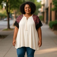 Sugarfox Babydoll Tunic Women’s Plus Size 3X Ivory Vibrant Sleeves Lace Top New