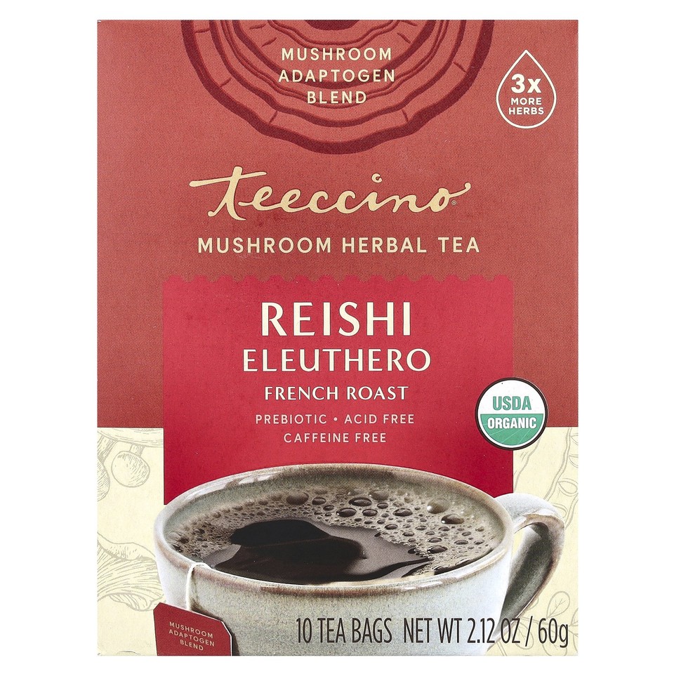Mushroom Herbal Tea, Reishi Eleuthero, French Roast, Caffeine Free, 10 Tea Bags,