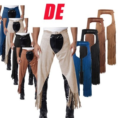 DE Herren Cowboy Kostüm Chaps Hose Wildleder Pants mit Fransen Vintage Western