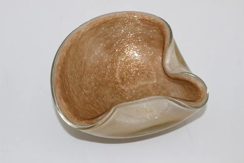 VINTAGE MCM MURANO ALFREDO BARBINI ART GLASS ASHTRAY/BOWL-GOLD FLECK/ADVENTURINE