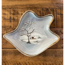 SCAR Pottery Italy Small Dish Irregular Edge Gold Trim. Winter Scene. Handpaint.