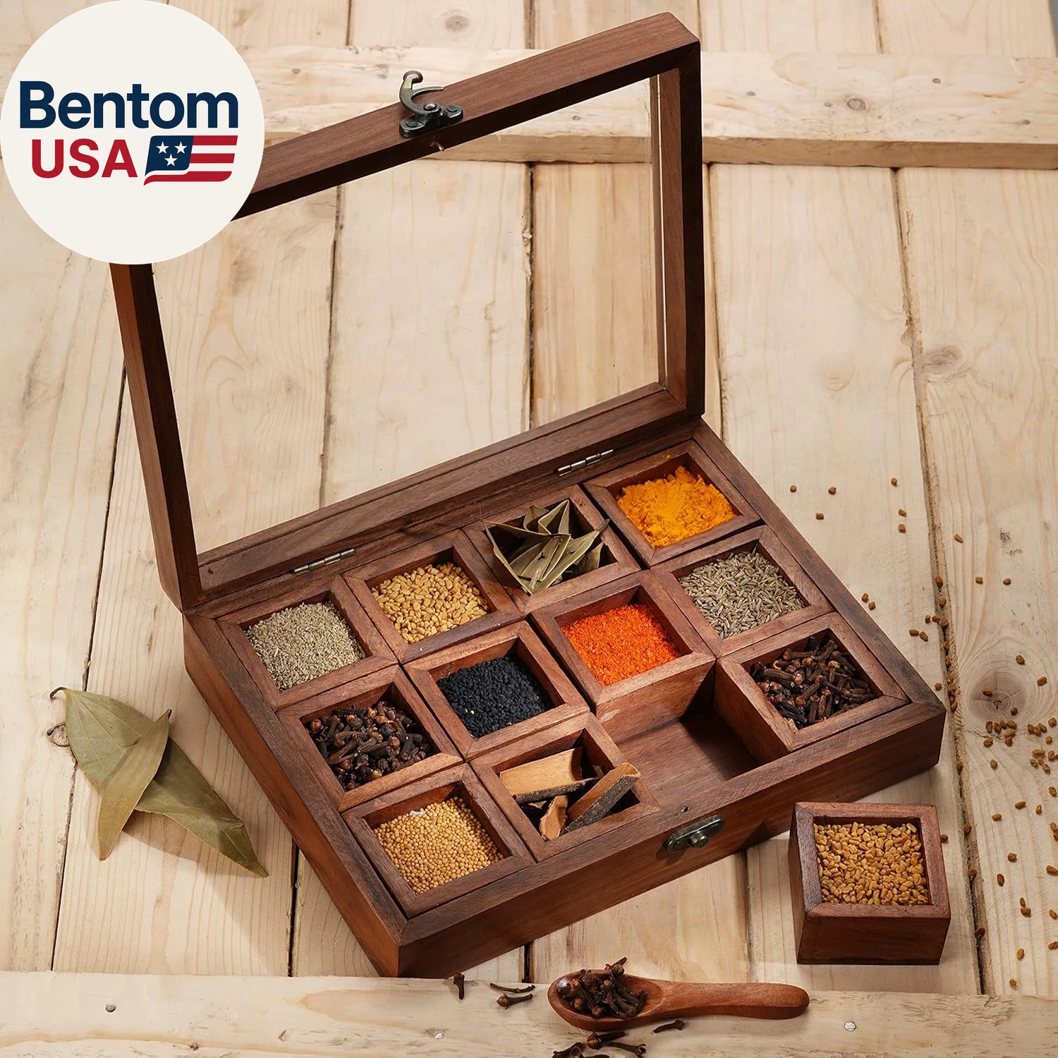 Wooden Spice Box - Masala Dabba Organizer with Glass Lid on Top, 12 Removable Co