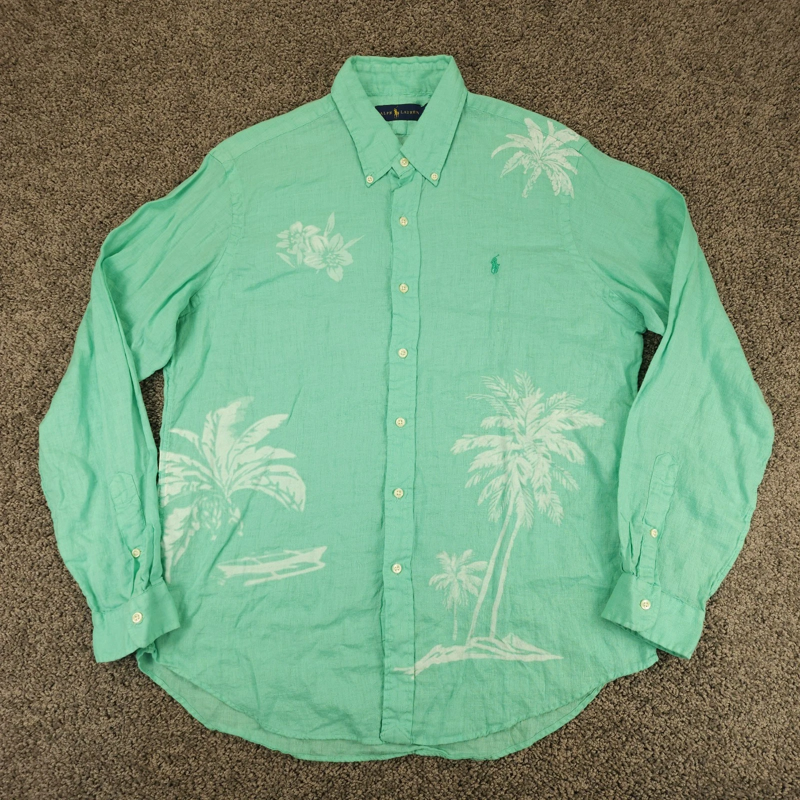 Ralph Lauren Shirt Mens Large Green Linen Floral Palm Trees Tropical Flower