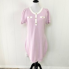 Express Lilac Pink Knit Puff Sleeve Sweater Dress Gold Buttons Large