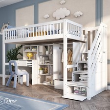 High Sleeper Bed Kids Loft Bed with Desk, Wardrobe and Storage Stairs 90x190 cm