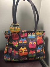 Laurel Burch Tote Bag Cats Shoulder Purse Canvas Zipper Charms Inner Pouch
