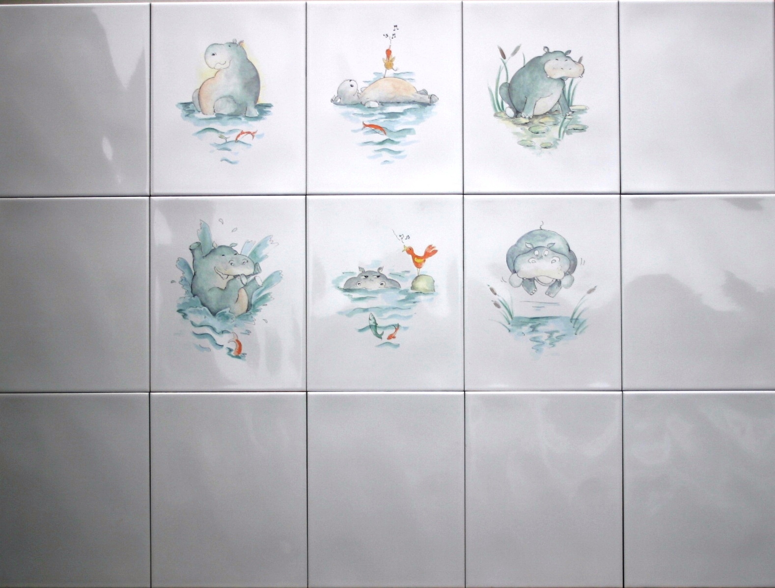 Happy Hippo Decorated Bathroom tiles Bumpy white 20 x 25cm SPECIAL ...