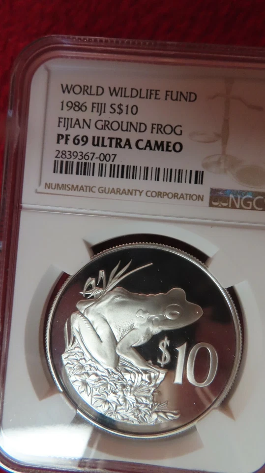 1986  Fiji Fijian Ground Frog Silver Coin NGC PR69 World Wildlife Fund WWF RARE! - Image 3 of 4