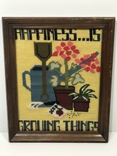 Vintage Wood Framed Gardening / Planting Cross Stitch Wall Hanging Picture