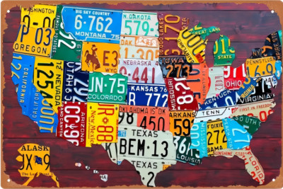 License Plate Map of the United States USATin Metal Signs Home Décor 8x12 