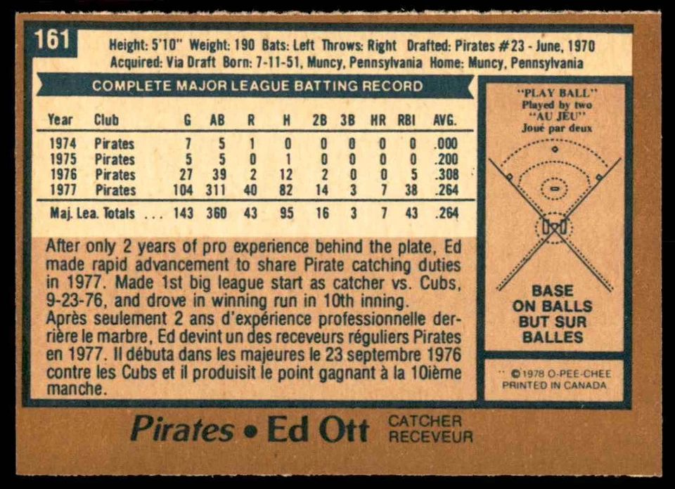 1978 O-PEE-CHEE. ED OTT PITTSBURGH PIRATES #161 - Image 2 of 2
